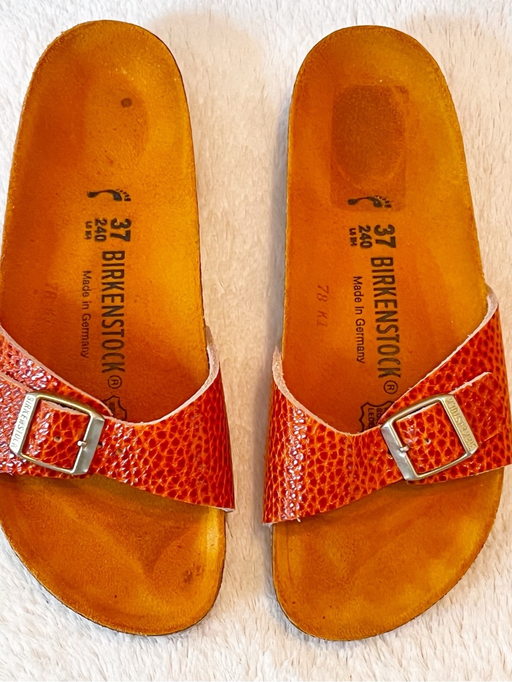 Birkenstock Orange Textured Single-Strap Slide Sandals